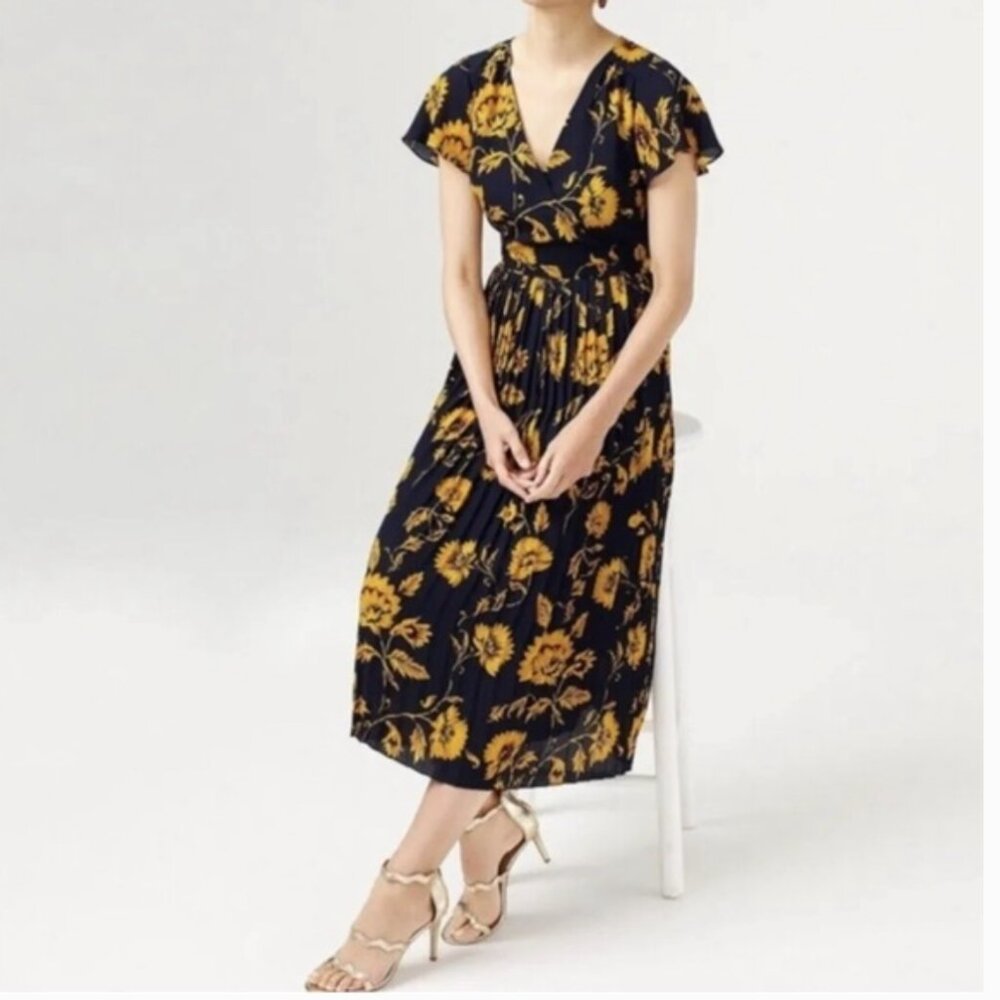 J. Crew Pleated Sunflower Midi Dress